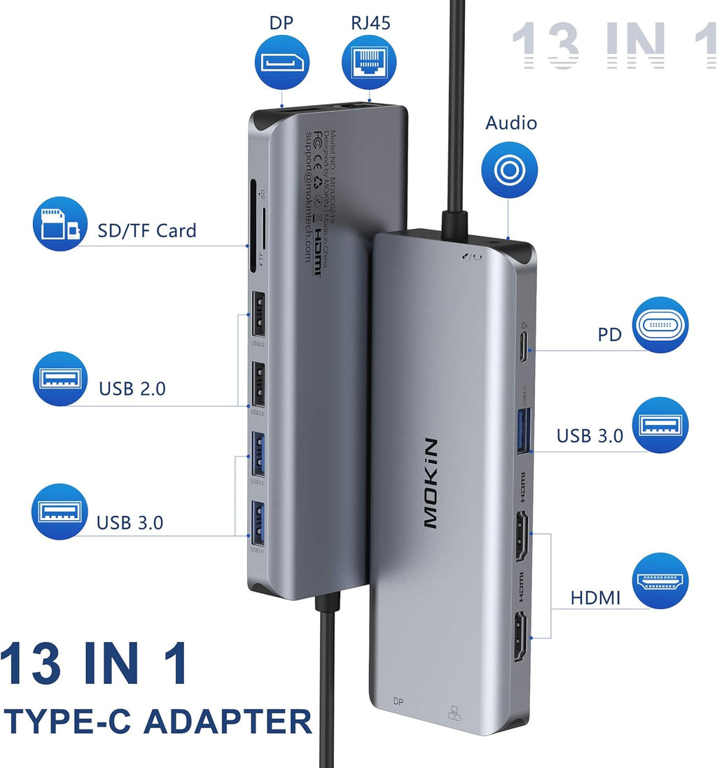USB C Hub 13 in 1 Triple Display Adapter with Dual HDMI 4K, PD Charger, Gigabit Ethernet, 5 USB Ports, SD/TF Card Reader K387