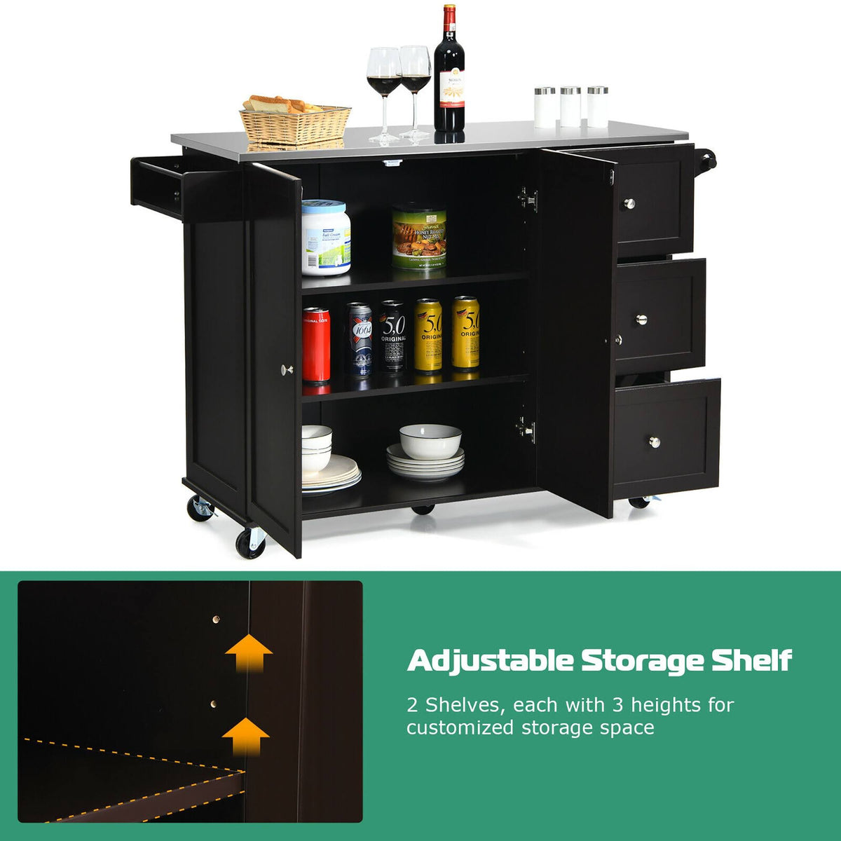 Kitchen Island 2-Door Storage Cabinet Stainless Steel Top with Drawers S4146