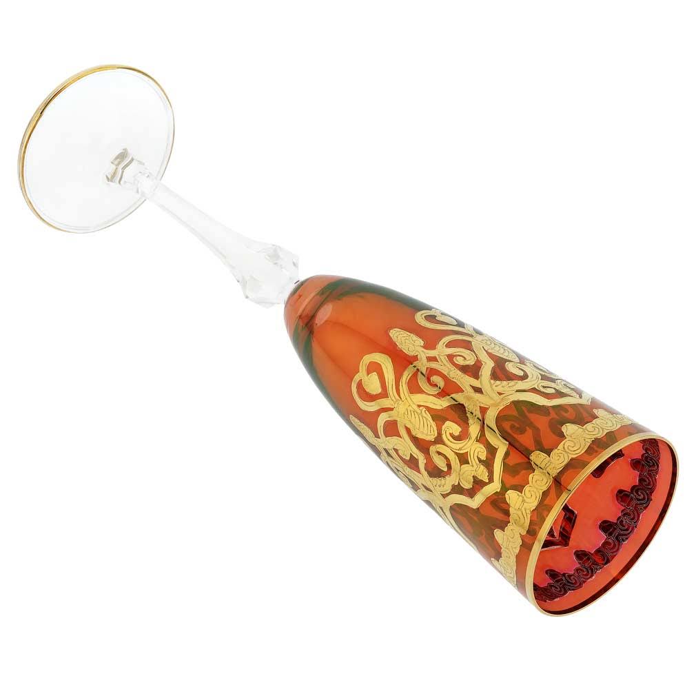 Set of Two Murano Glass Champagne Flutes 24K Gold Leaf Red G419