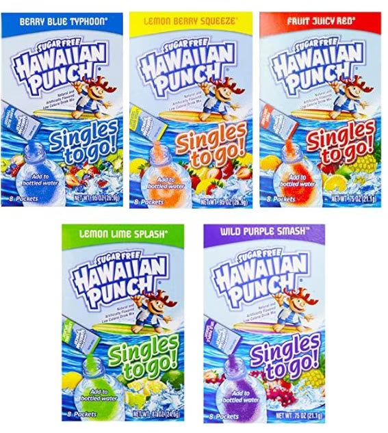 Fruit Juicy Red, Berry Blue Typhoon, Lemon Berry Squeeze, Wild Purple Smash, and Lemon Lime Smash Drink Mix G85304