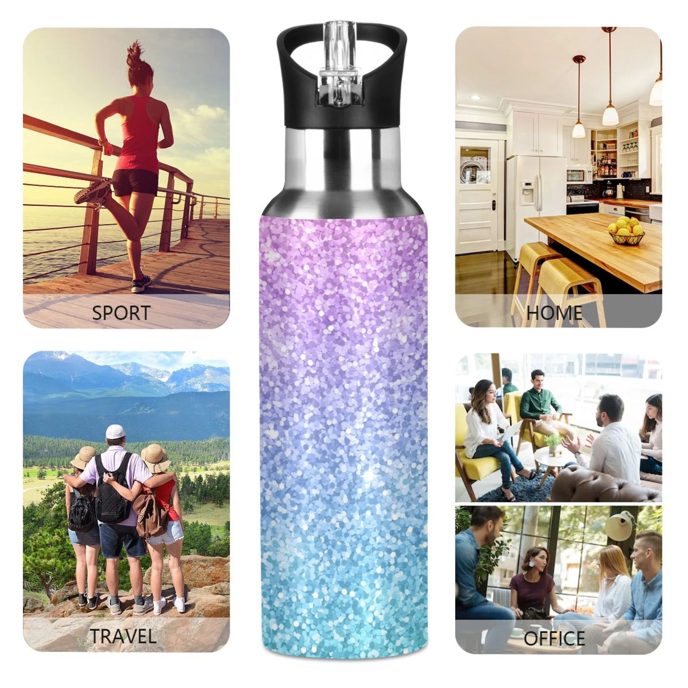 Glitter Gold Purple Green Stainless Steel Vacuum Insulated Water Bottle with Straw Lid 20 OZ T6247