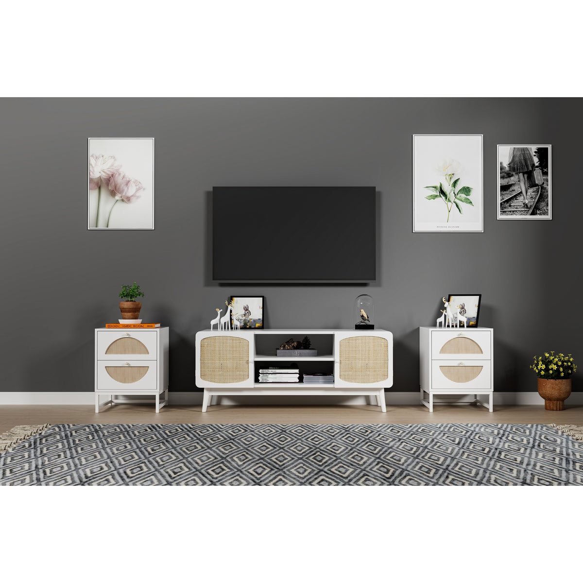 Walnut Rattan Side Table Set of 2 H1809