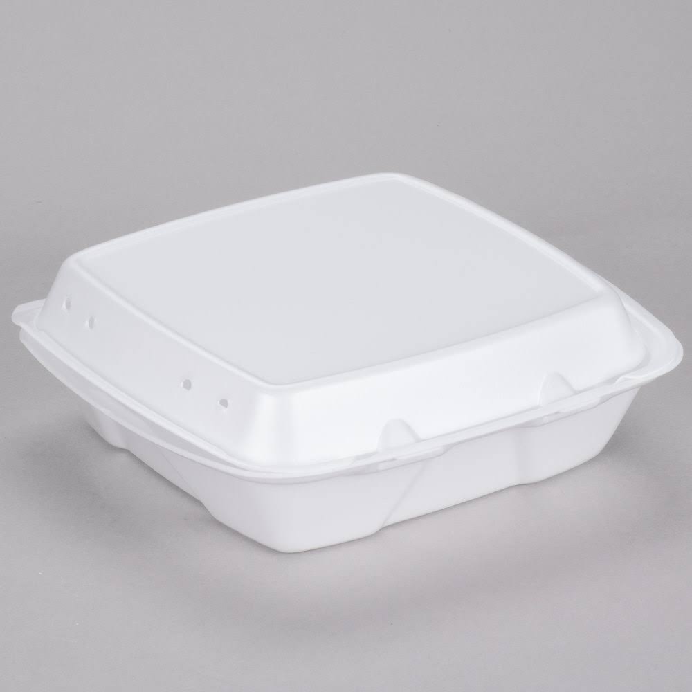 White Foam Square Vented Take Out Container with Perforated Hinged Lid T5864