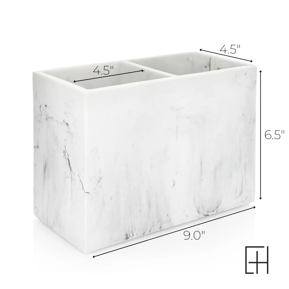 White Marble Rectangular Utensil Holder with Two Compartments J5908