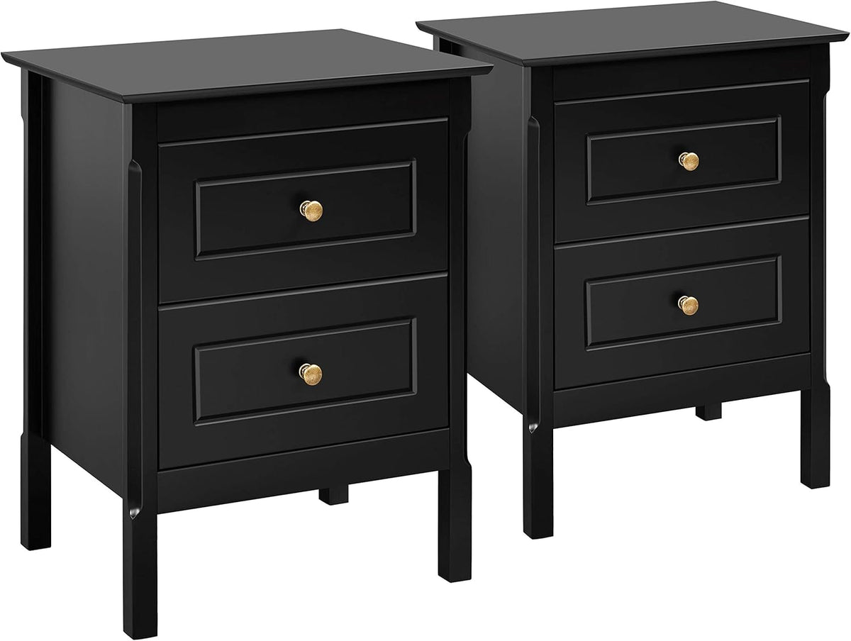 Set of 2 Wooden Side End Tables with Double Drawers, Black H246