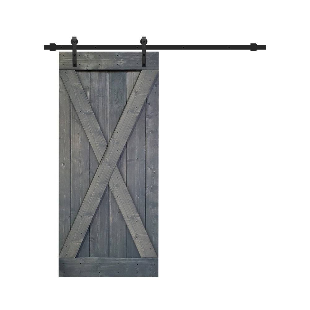 Gray Stained Knotty Pine Wood Interior Sliding Barn Door with Hardware Kit V148246