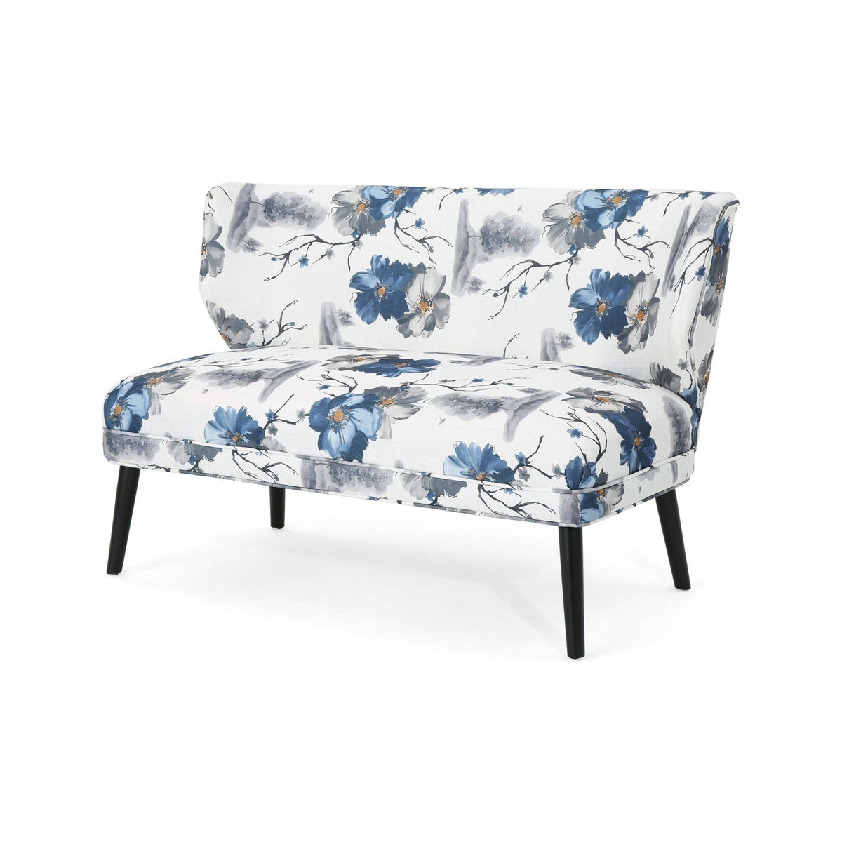 Navy Blue and Gray Floral Rectangular Settee L659246