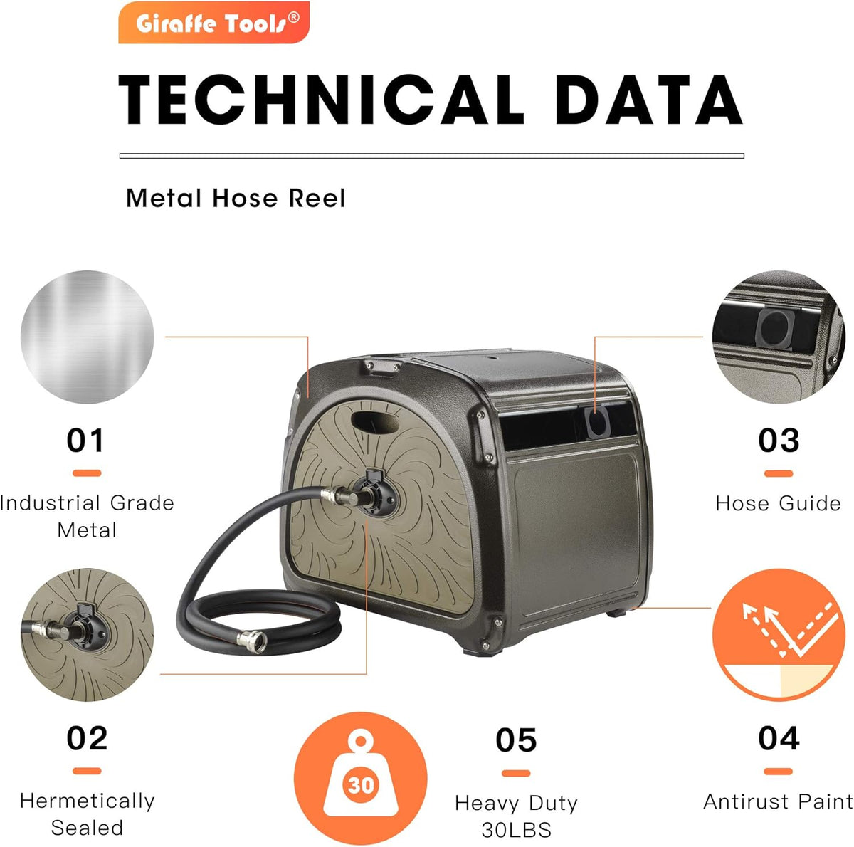 Heavy Duty Metal Garden Hose Storage Reel with Crank Handle, 150ft 5/8 Hose Capacity L503