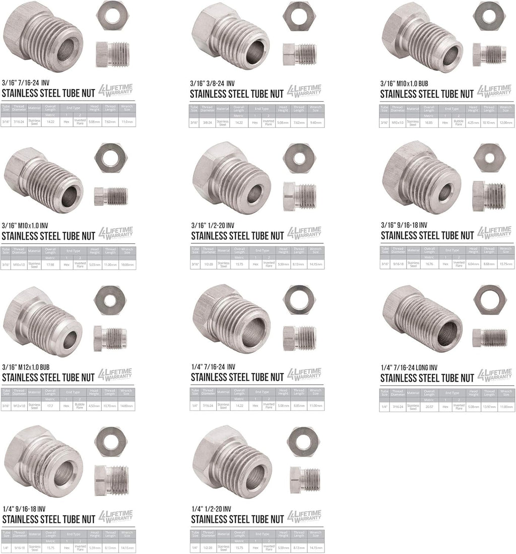 25 ft 3/16 and 1/4 Stainless Steel Brake Line Tubing Coil and Fitting Kit, 2 Kits, 16 Fittings per Kit, Inverted Flare, SAE Thread, 0.028 inch Wall Thickness, Pack of 2 G9160
