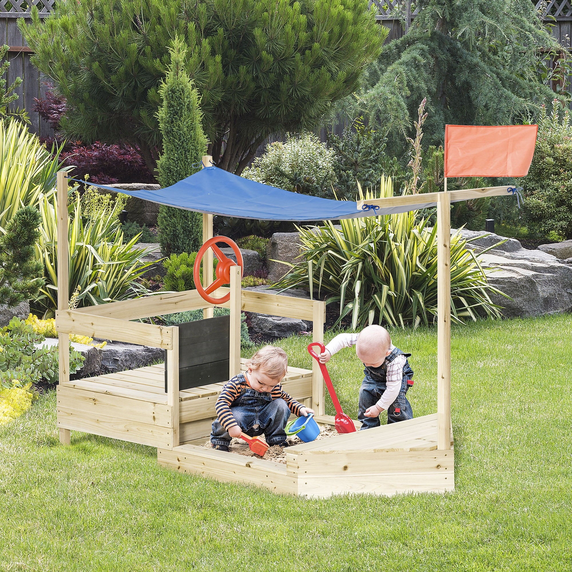 Natural Wood Kids Sandbox with Canopy Shade U496600