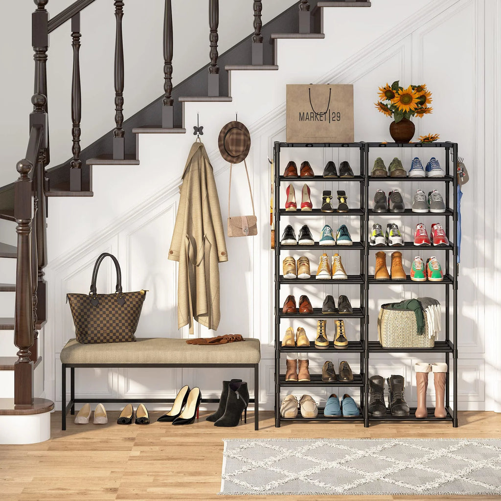 Black 9 Tiers Stackable Shoe Rack with 2 Hooks Z96946