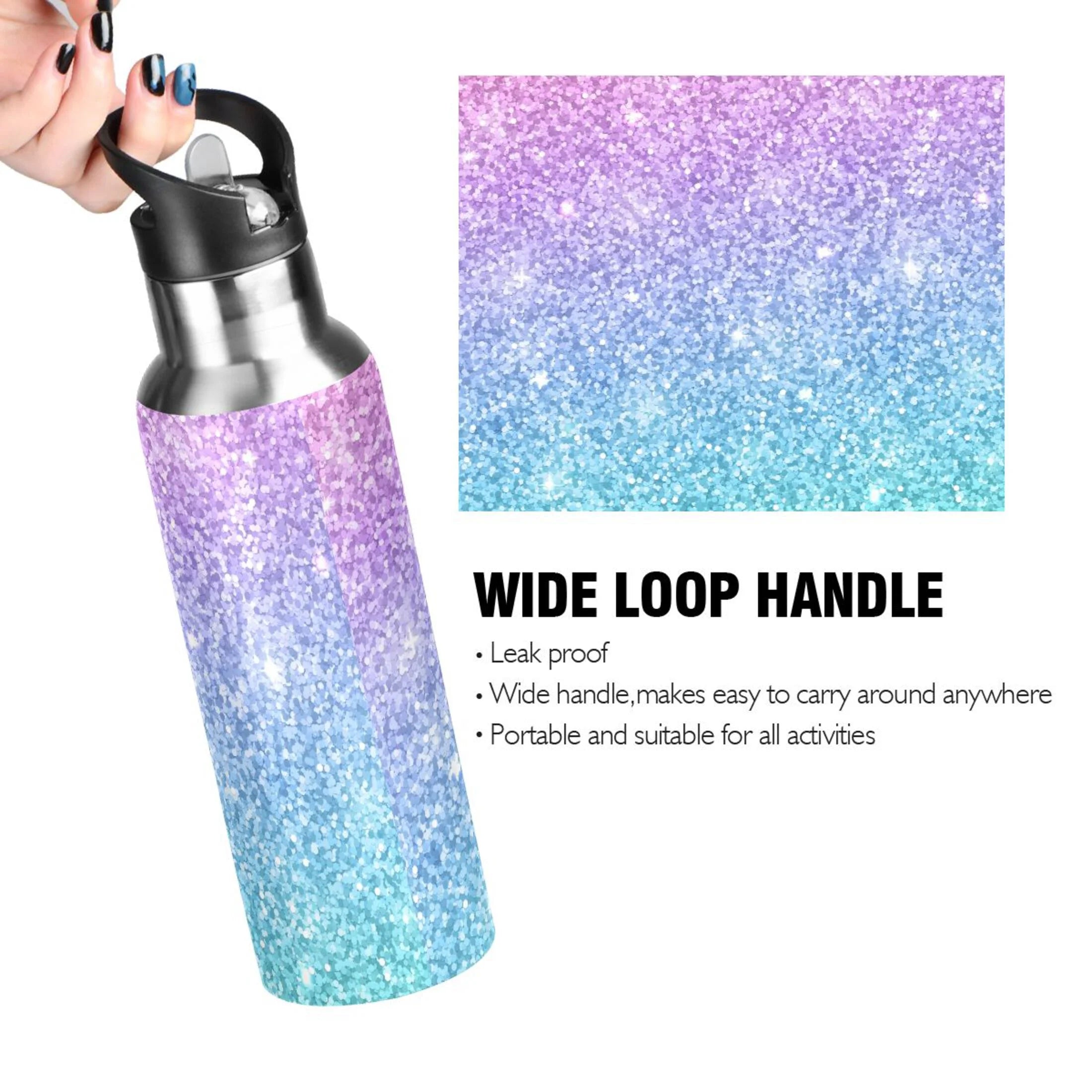 Glitter Gold Purple Green Stainless Steel Vacuum Insulated Water Bottle with Straw Lid 20 OZ T6247
