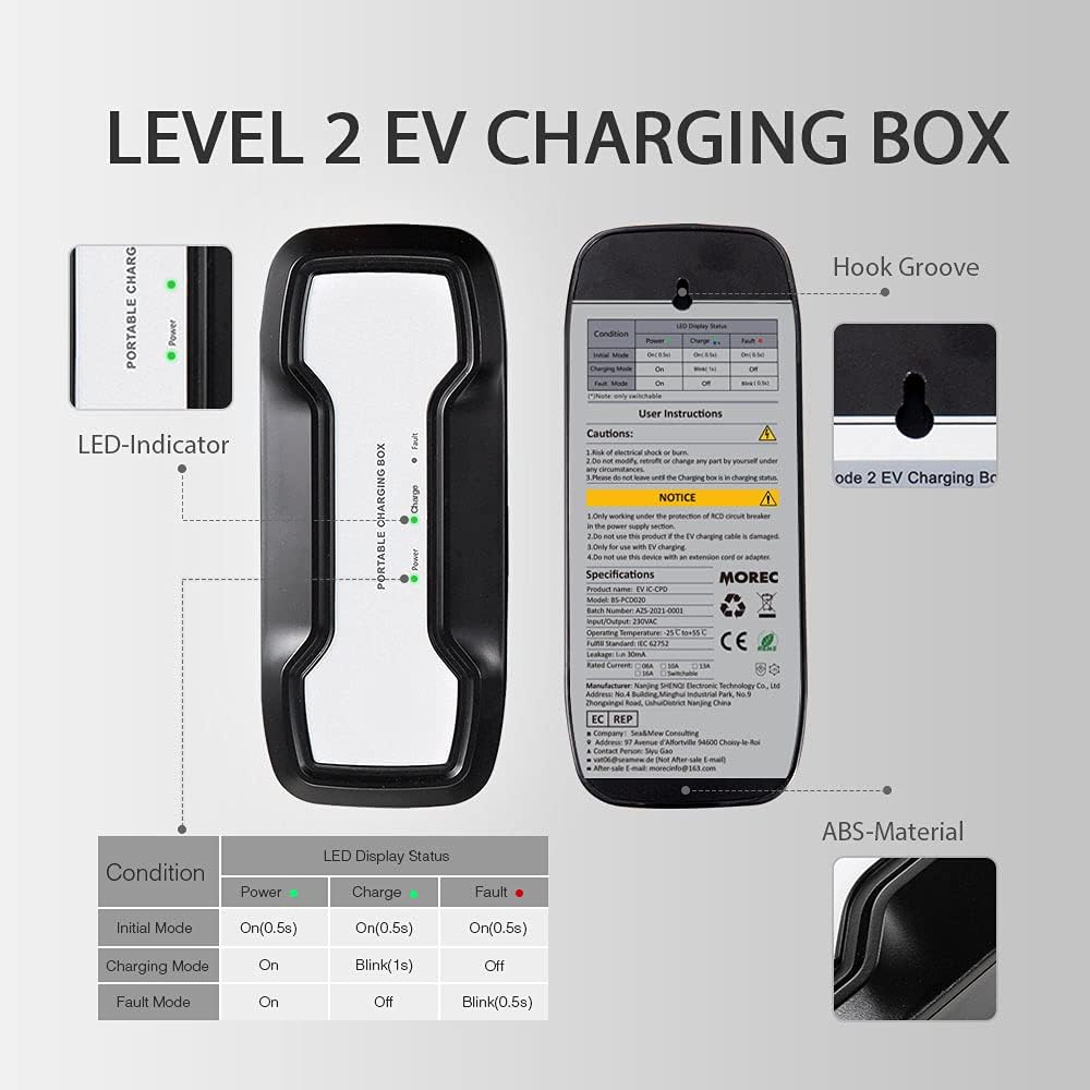 16A EV Charger Cable 200-240V Portable EVSE SAE J1772 Plug 24 feet W333970