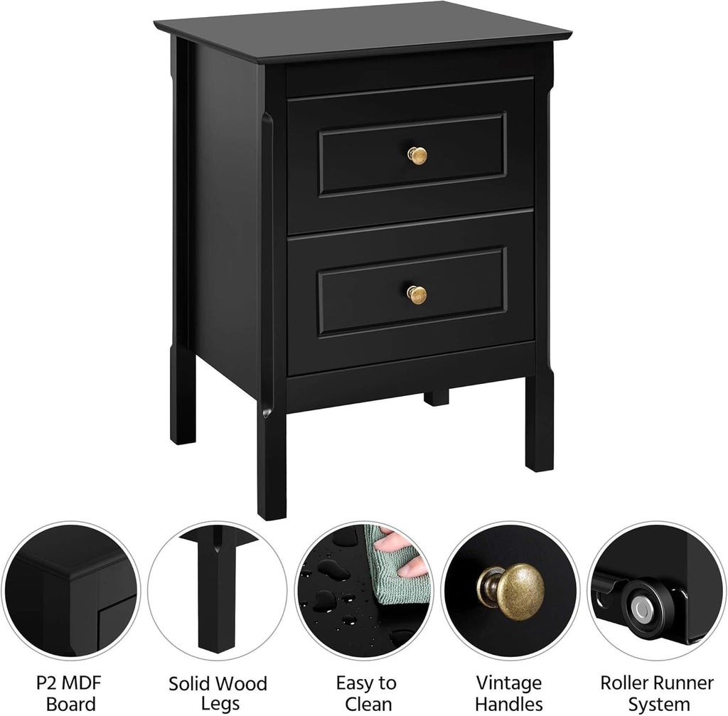 Set of 2 Wooden Side End Tables with Double Drawers, Black H246