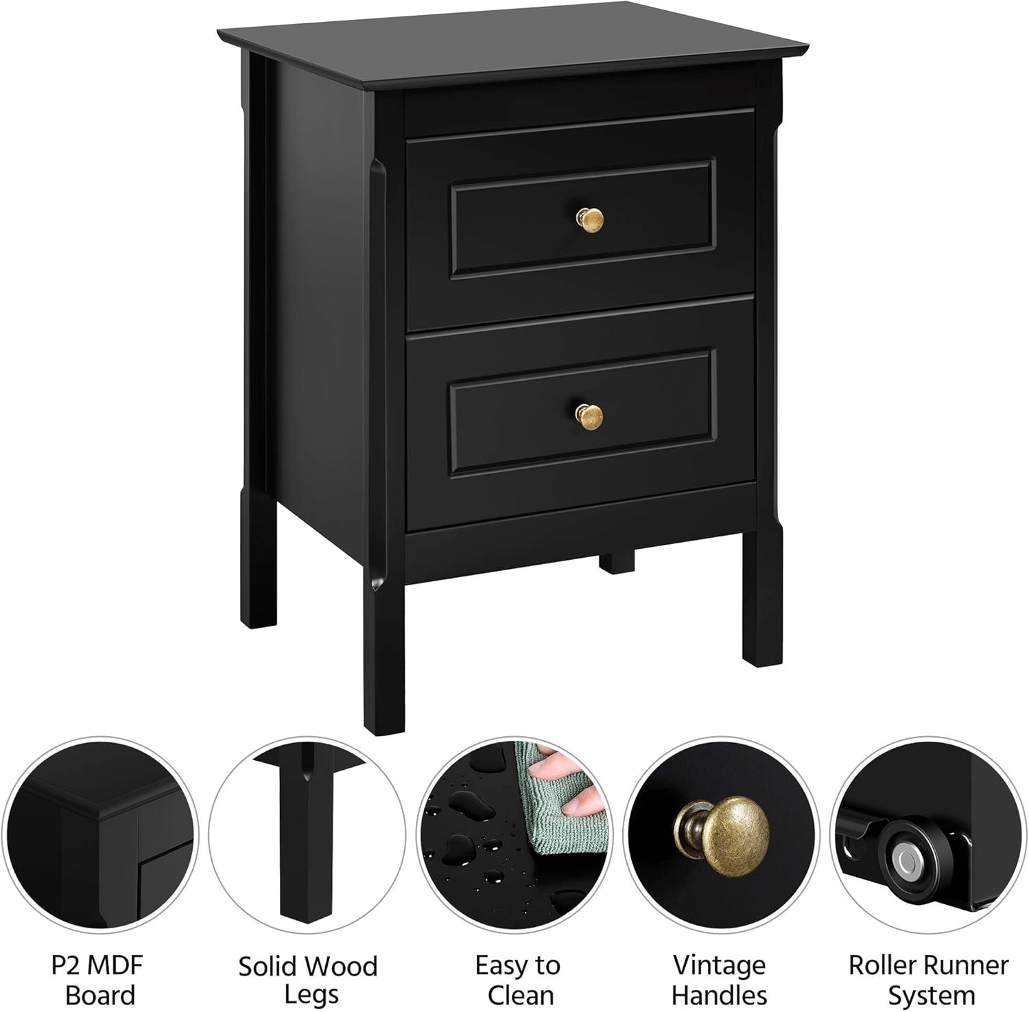 Set of 2 Wooden Side End Tables with Double Drawers, Black H246