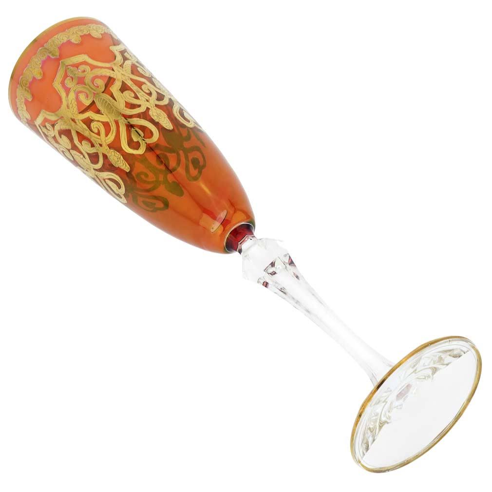 Set of Two Murano Glass Champagne Flutes 24K Gold Leaf Red G419