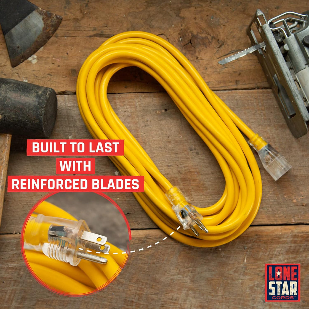 Yellow 12/3 SJTW Lighted Extension Cord, 100 Foot, 3 Prong Grounded Plug, 12 Gauge Cable, Pack of 2 V1060