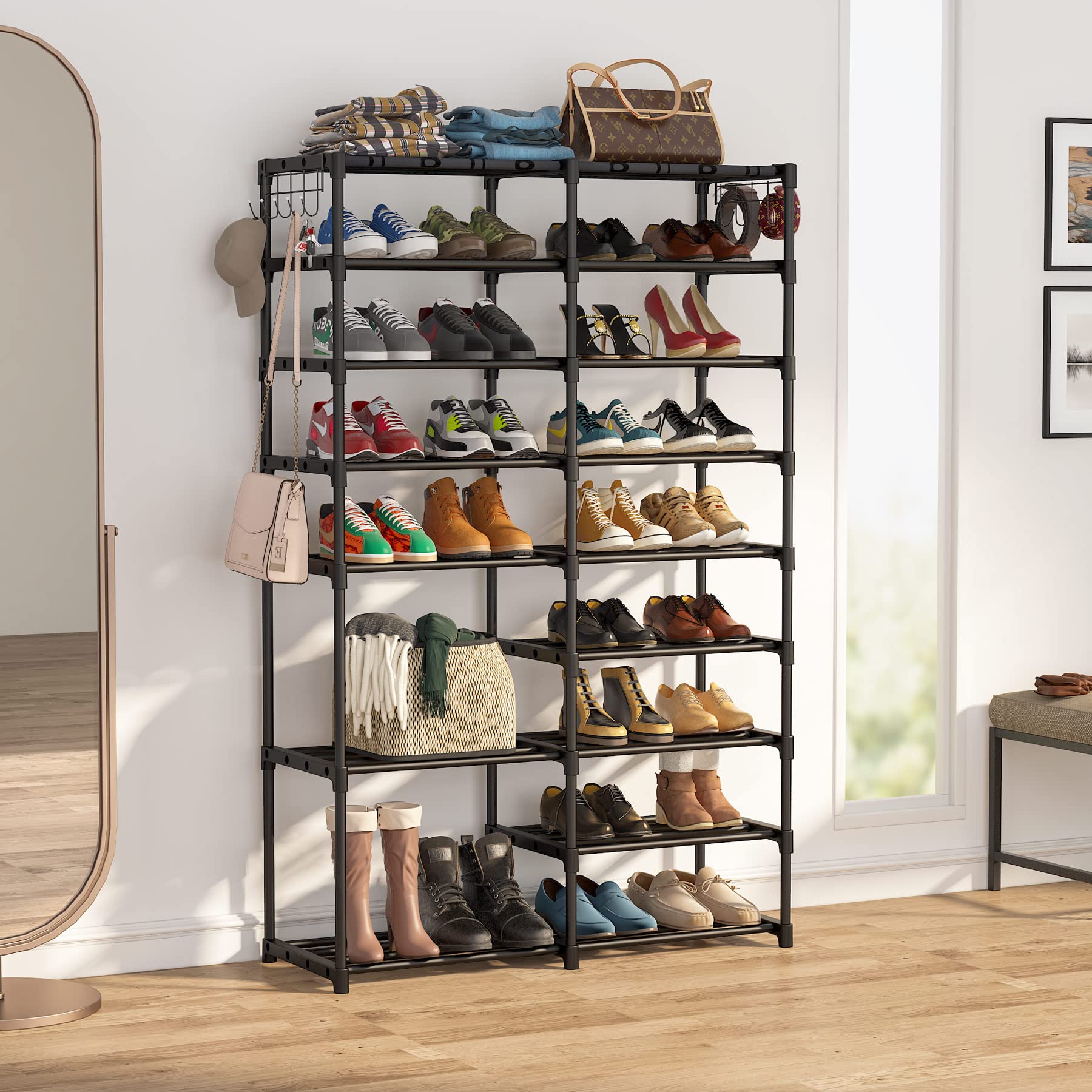 Black 9 Tiers Stackable Shoe Rack with 2 Hooks Z96946
