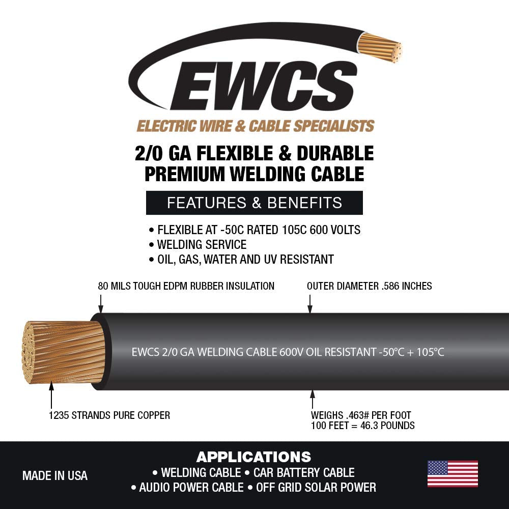2/0 Gauge Extra Flexible Welding Cable 600 Volt Black 100 Feet I9880