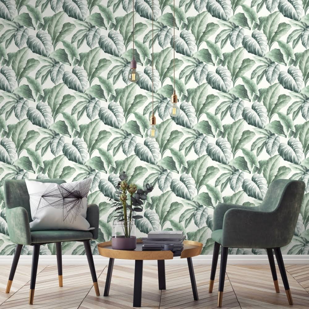 Ivory, Green Floral Leaf Wallpaper C13562