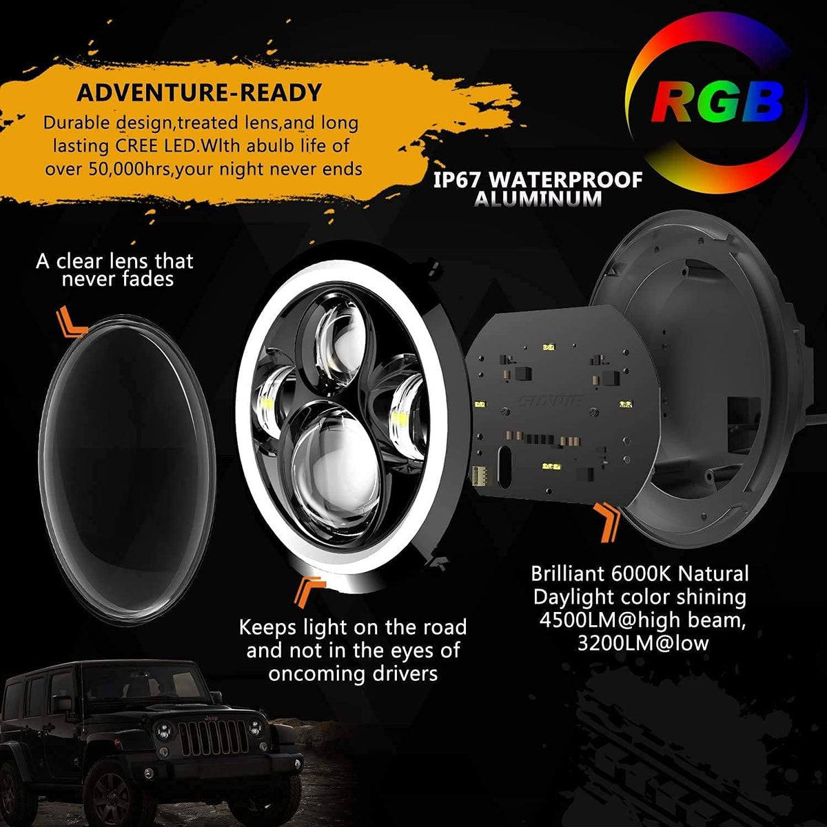 7 inch RGBW Halo LED Headlights and 4 inch Fog Lights Combo L87280