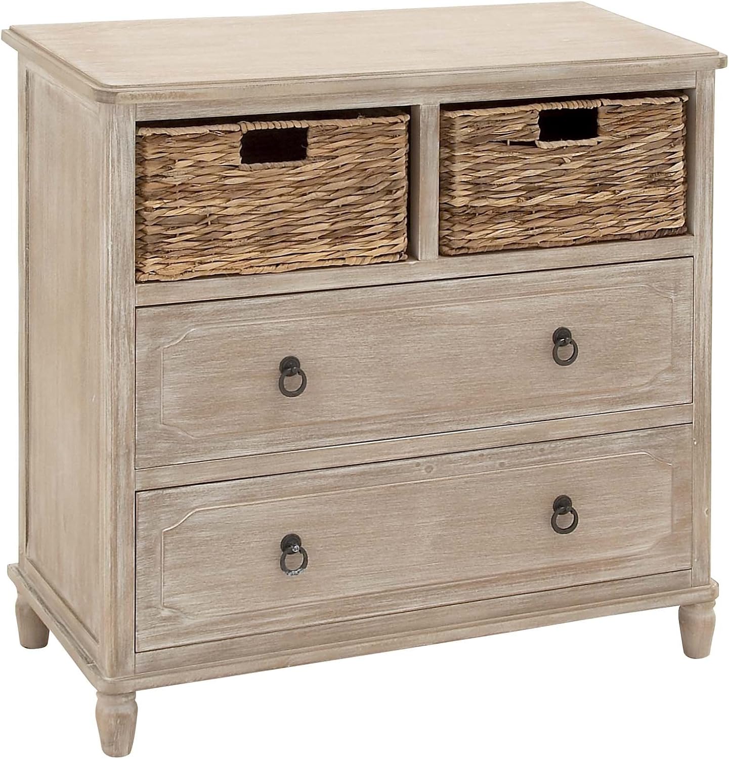 Beige Wood Cabinet with Natural Wicker Storage Basket Drawers K7176
