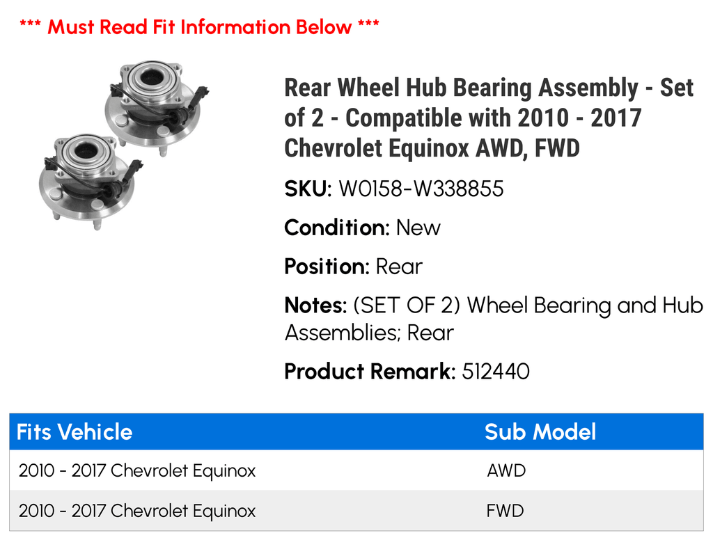 Rear Wheel Hub Bearing Assembly Set of 2 F2090