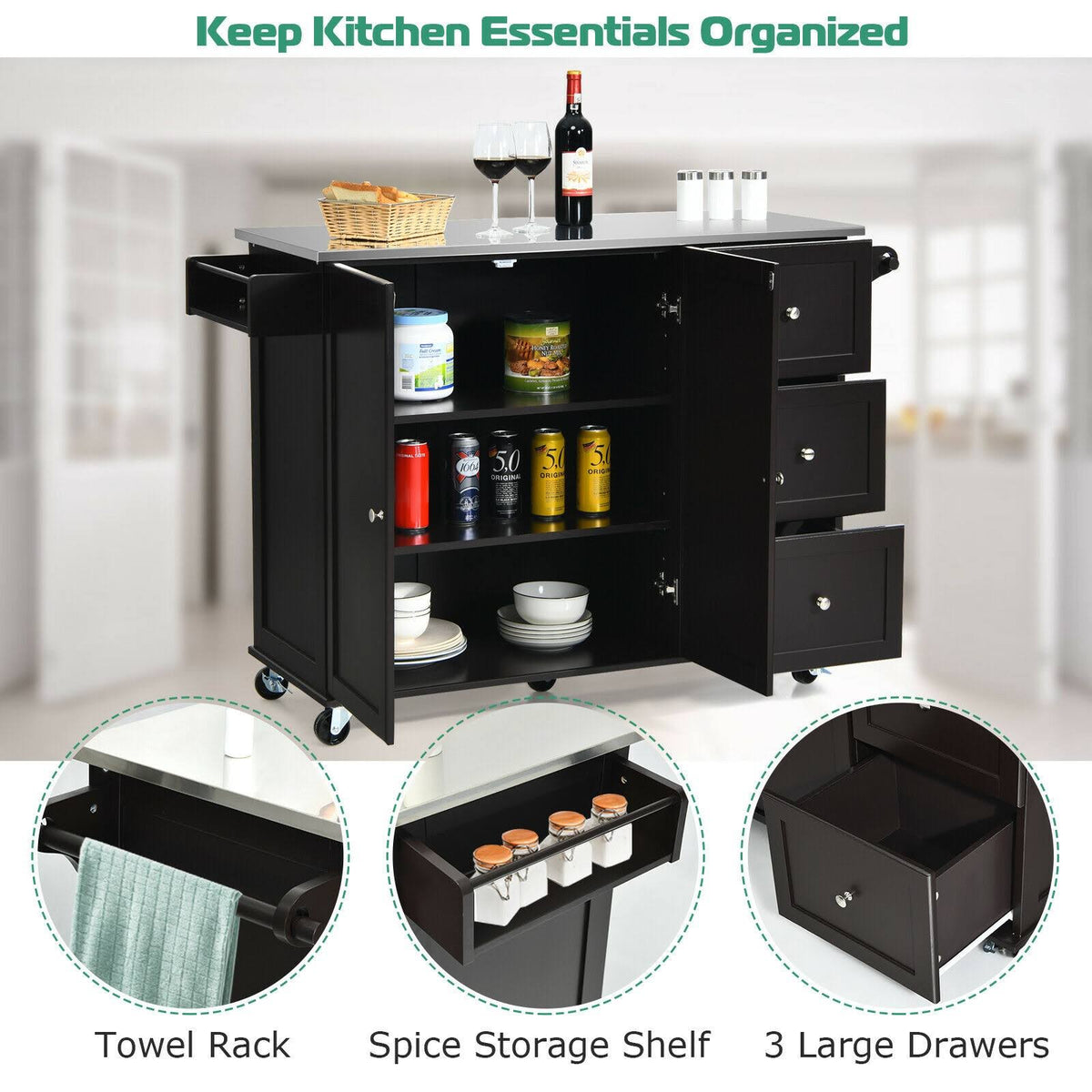 Kitchen Island 2-Door Storage Cabinet Stainless Steel Top with Drawers S4146