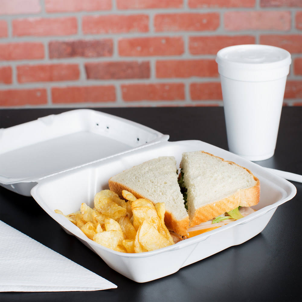 White Foam Square Vented Take Out Container with Perforated Hinged Lid T5864