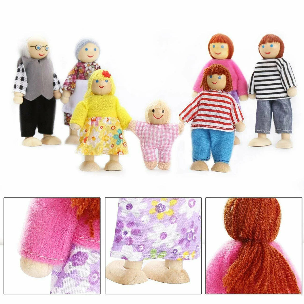 7 Pcs Kids Wooden Dollhouse Family Dolls Figures Pretend Play Toys W252514