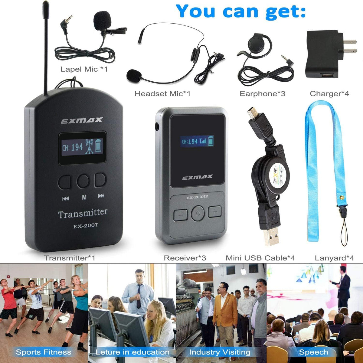 UHF Wireless Tour Guide Device 200 Channels 1 Transmitter & 3 Receivers K31524