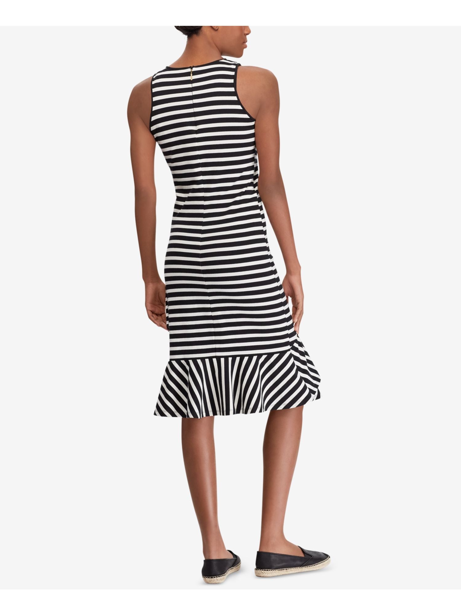 Black Ruffled Striped Sleeveless Jewel Neck Maxi Sheath Dress D28675