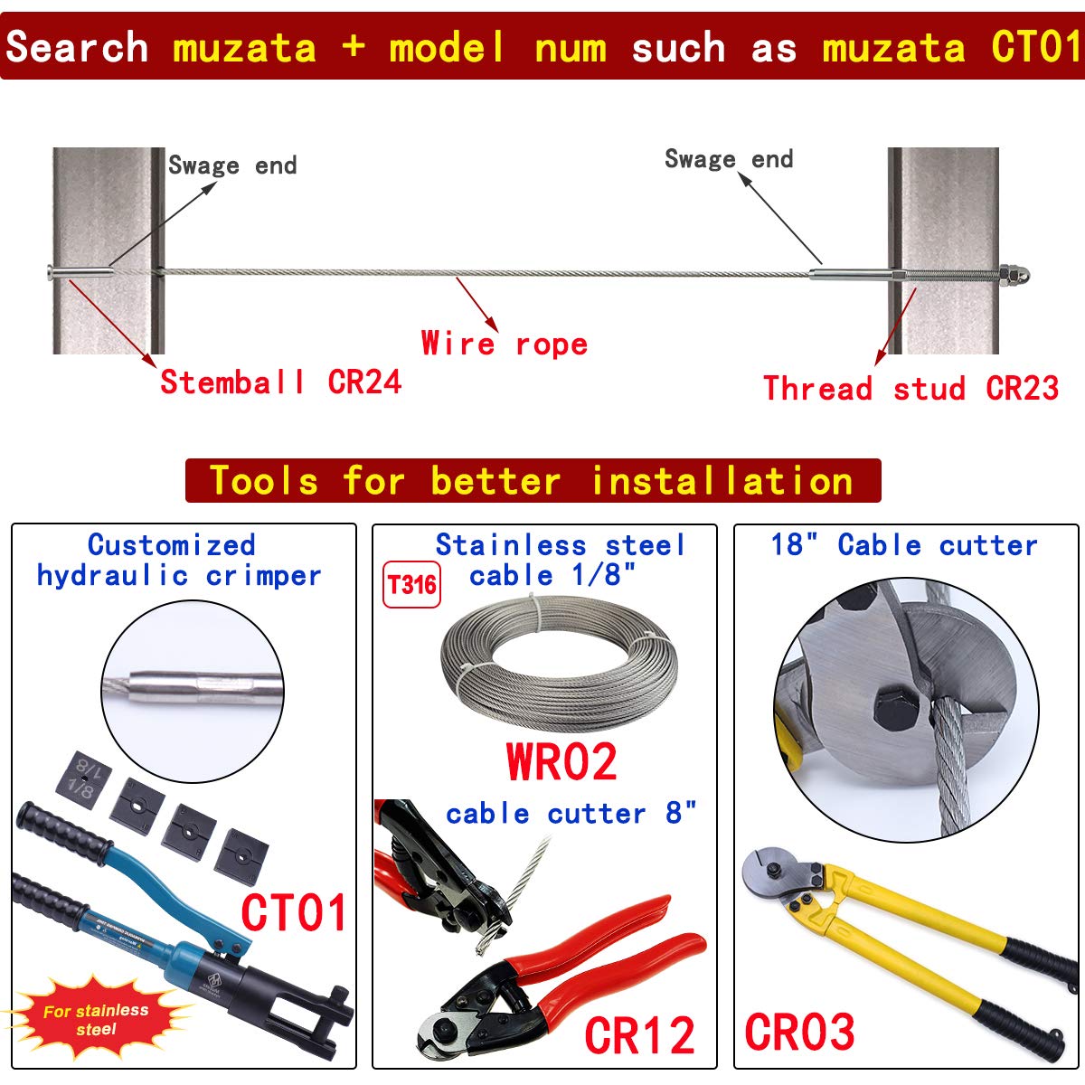 30Pack 1/8 T316 Stainless Steel Swage Dead End Cable Railing Kit Hardware Terminal End Fitting S6558