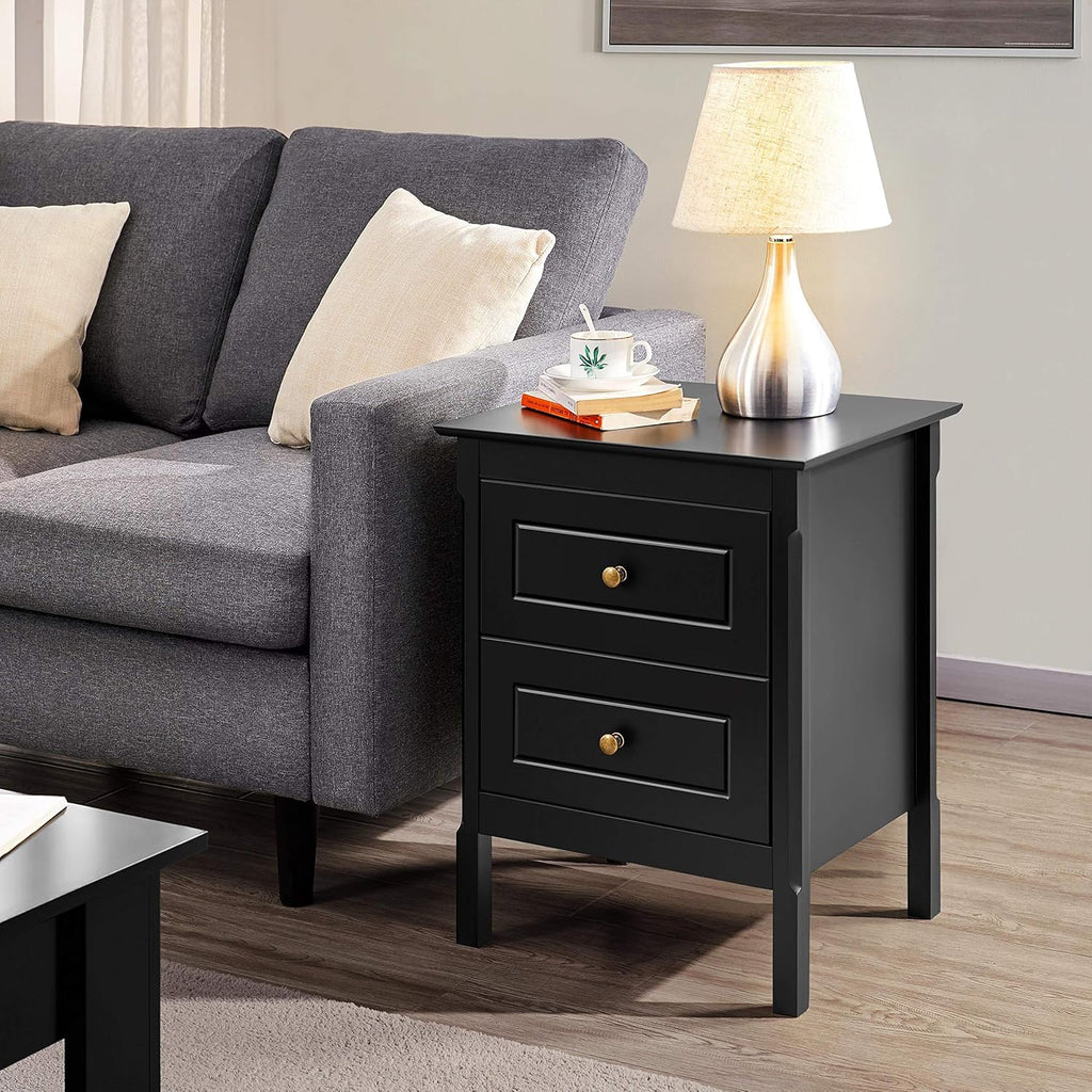 Set of 2 Wooden Side End Tables with Double Drawers, Black H246