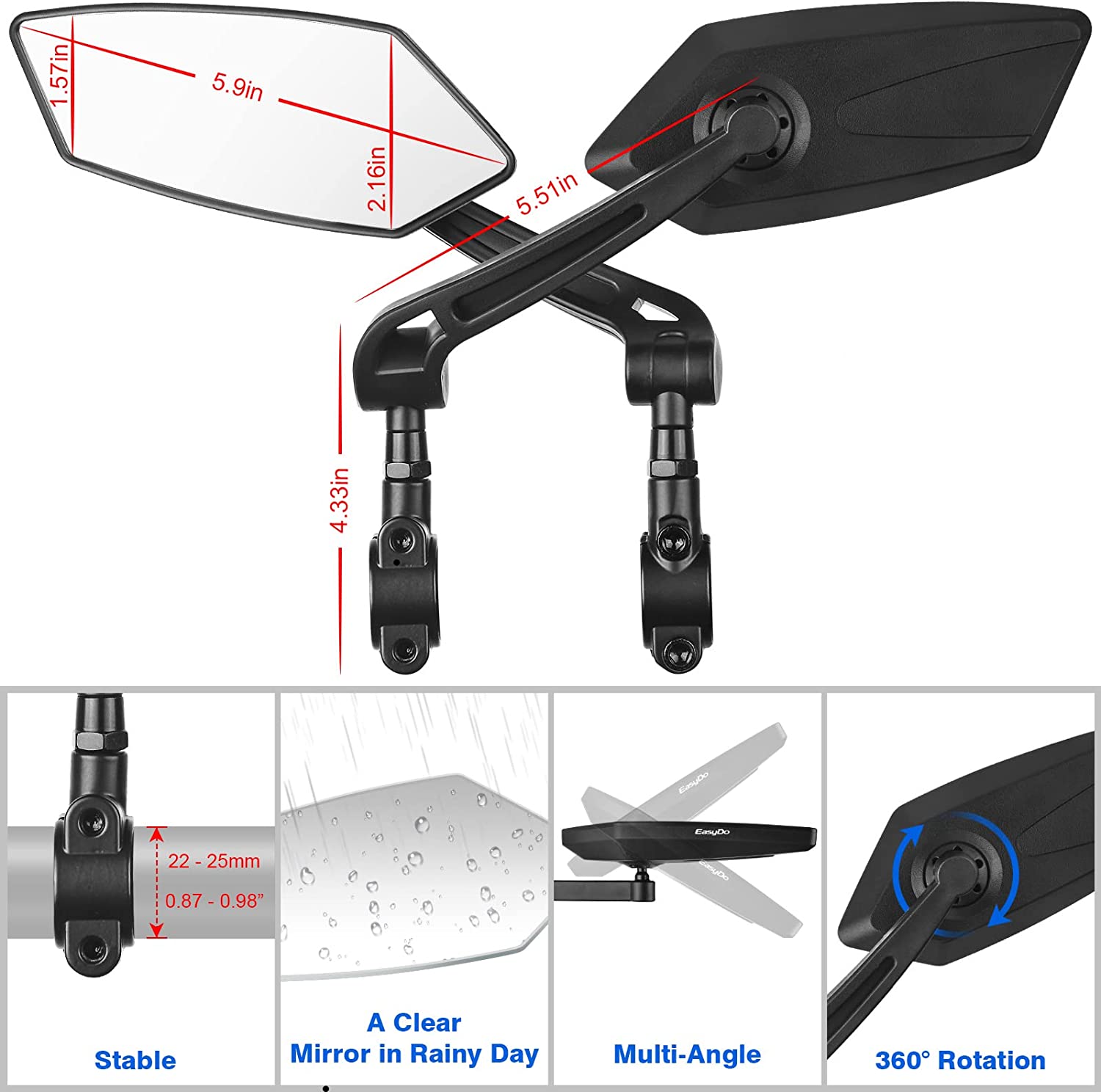 Bike Mirror, Rotatable Bicycle Rearview Mirror with HD Automotive Grade Glass Lens H206