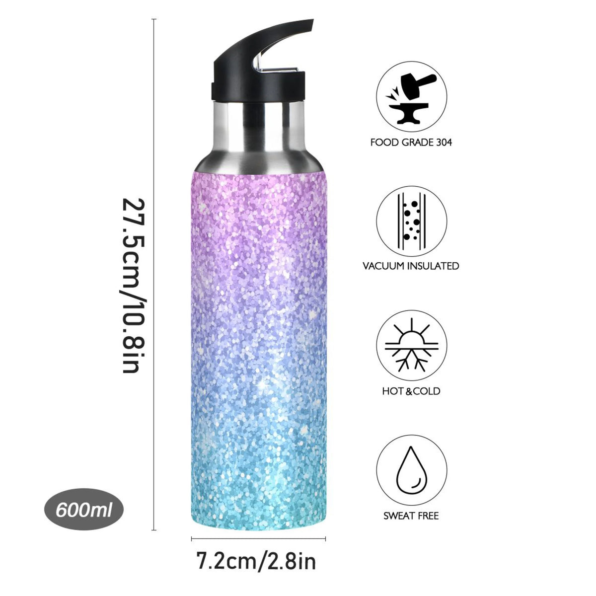 Glitter Gold Purple Green Stainless Steel Vacuum Insulated Water Bottle with Straw Lid 20 OZ T6247