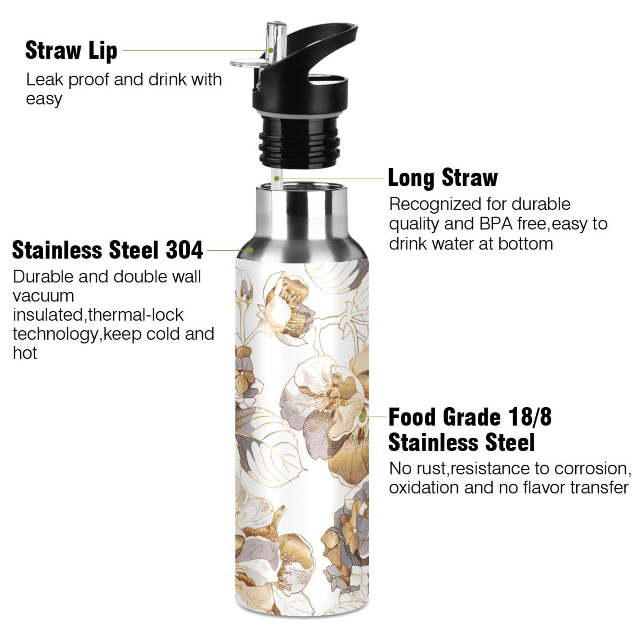 Stainless Steel Insulated Thermos Vacuum Flask with Straw Lid E296