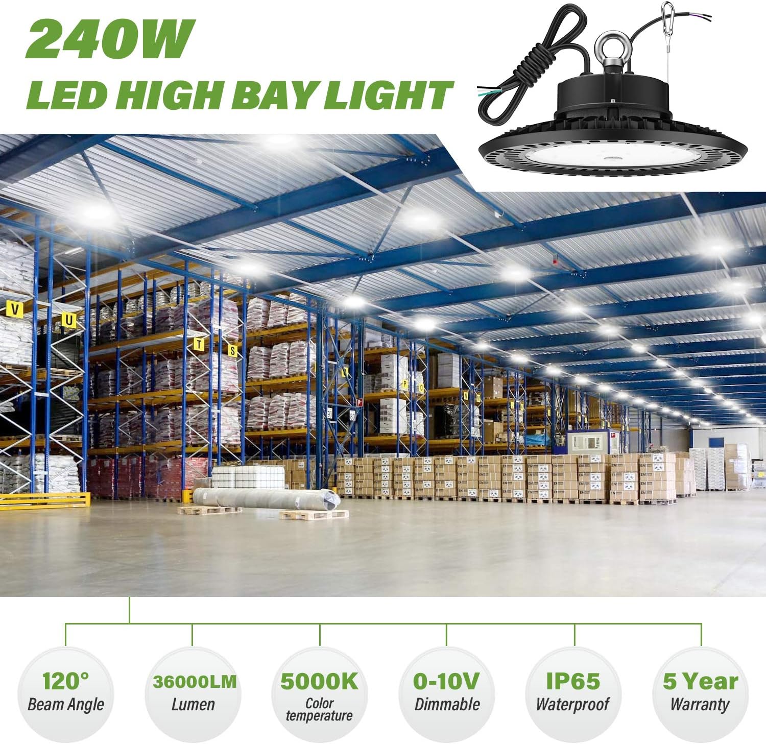 UFO LED High Bay Light 240W 5000K 36,000LM 0-10V Dimmable IP65 Hook Mount, Pack of 2 G322896