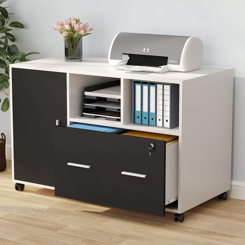 White Mobile Lateral File Cabinet with Lock and Drawer P793211
