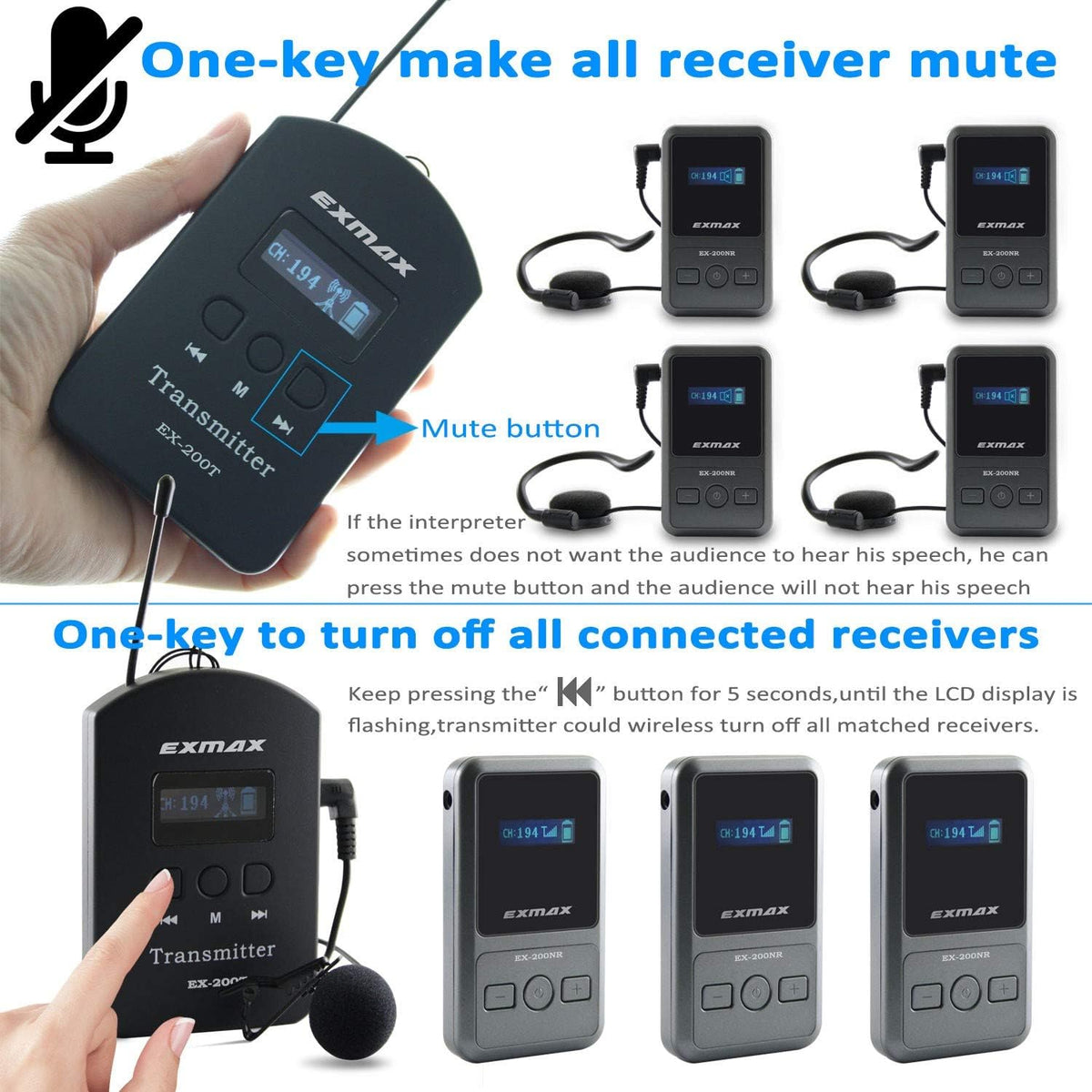 UHF Wireless Tour Guide Device 200 Channels 1 Transmitter & 3 Receivers K31524