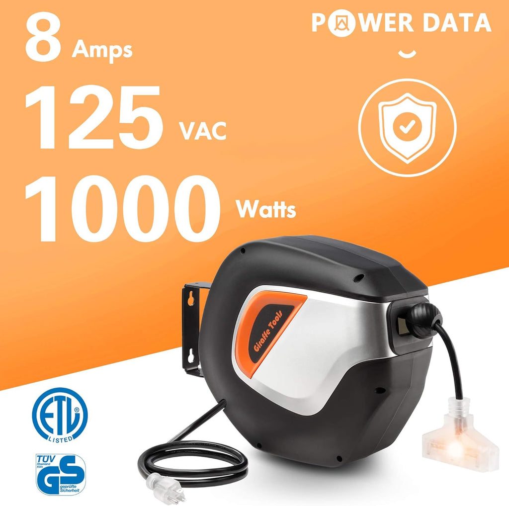 Retractable Extension Cord Reel 40ft Heavy Duty with Swivel Bracket Lighted Triple Tap A89059