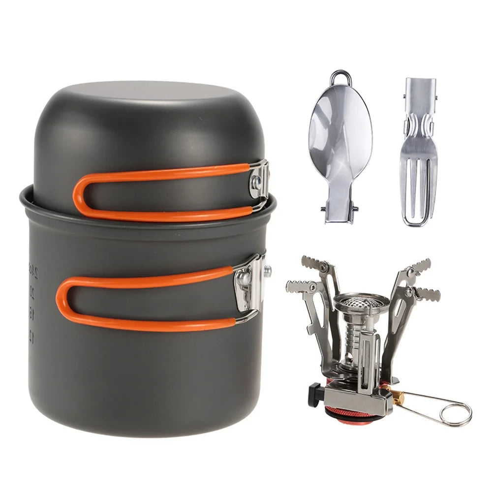 Camping Piezoelectric Ignition Cookware Set with Fork and Spoon B149