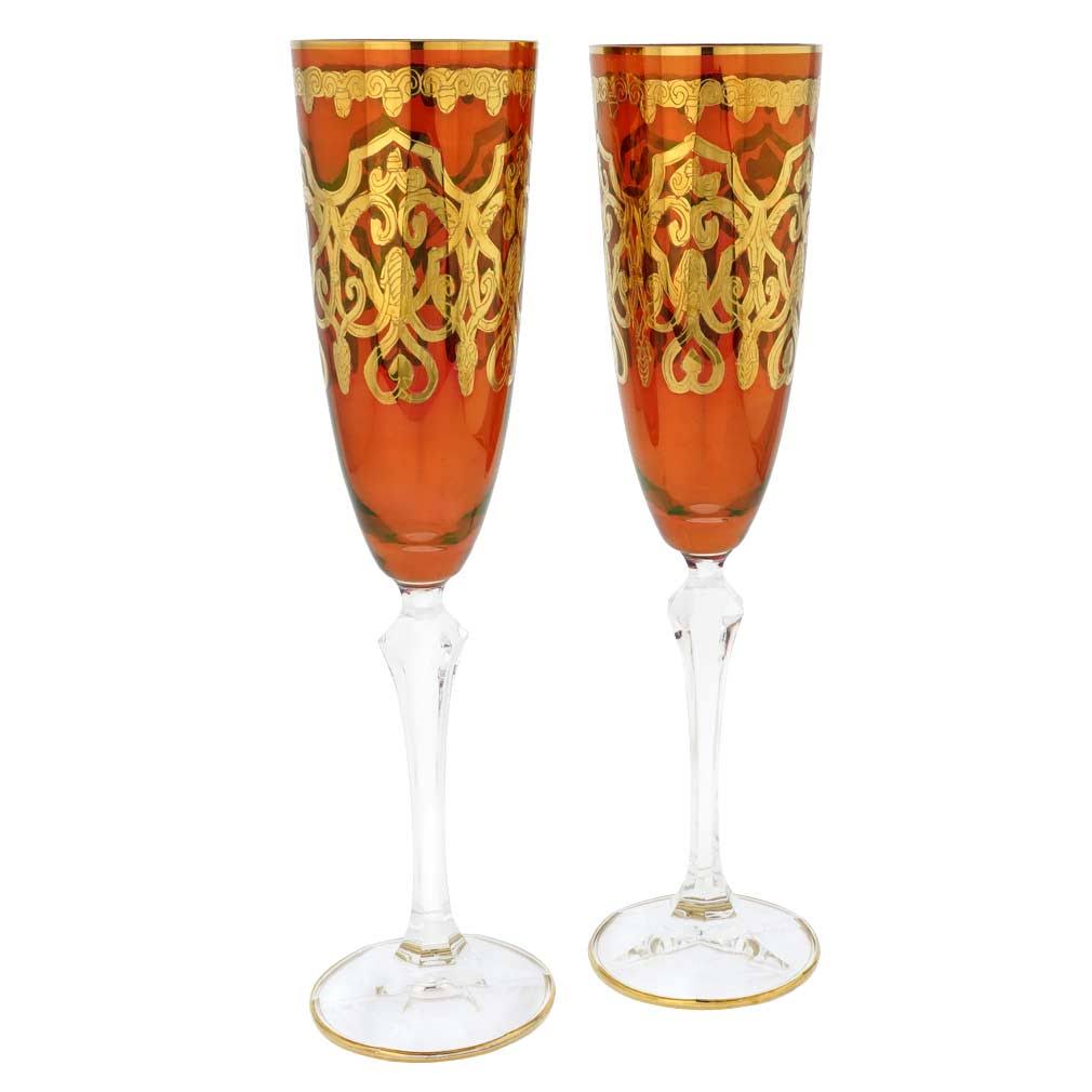 Set of Two Murano Glass Champagne Flutes 24K Gold Leaf Red G419