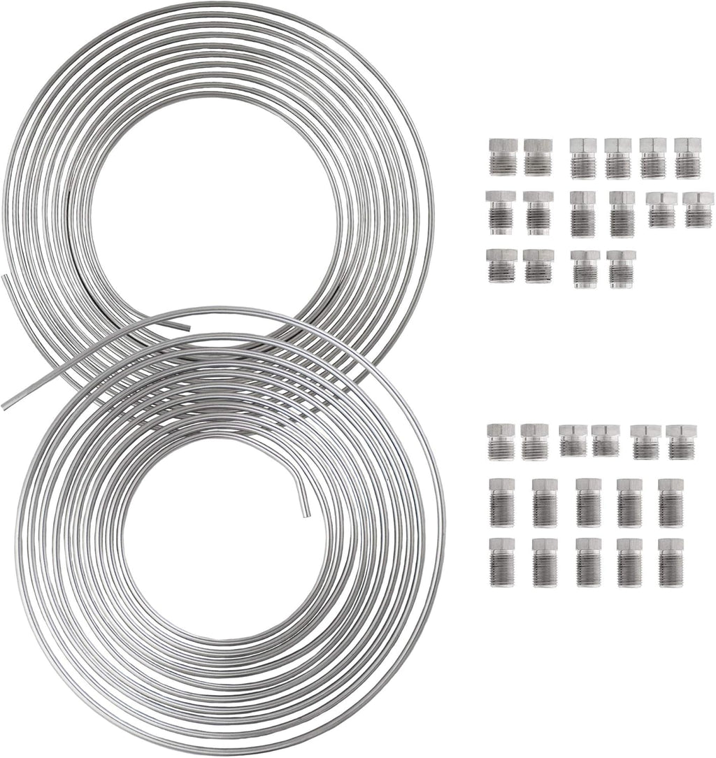 25 ft 3/16 and 1/4 Stainless Steel Brake Line Tubing Coil and Fitting Kit, 2 Kits, 16 Fittings per Kit, Inverted Flare, SAE Thread, 0.028 inch Wall Thickness, Pack of 2 G9160