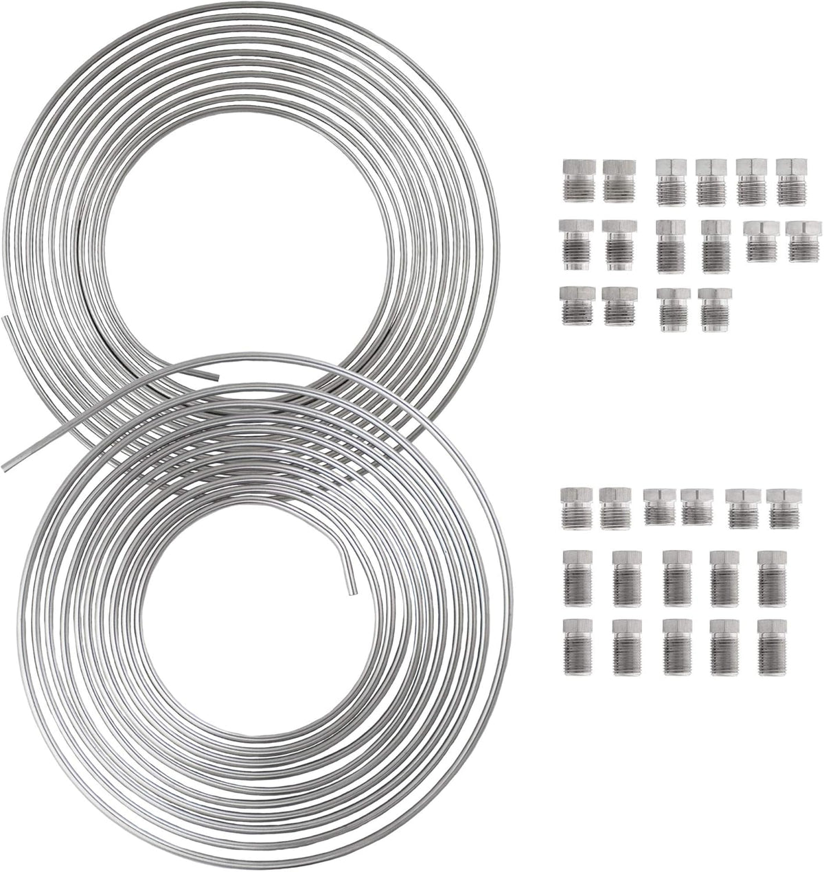 25 ft 3/16 and 1/4 Stainless Steel Brake Line Tubing Coil and Fitting Kit, 2 Kits, 16 Fittings per Kit, Inverted Flare, SAE Thread, 0.028 inch Wall Thickness, Pack of 2 G9160